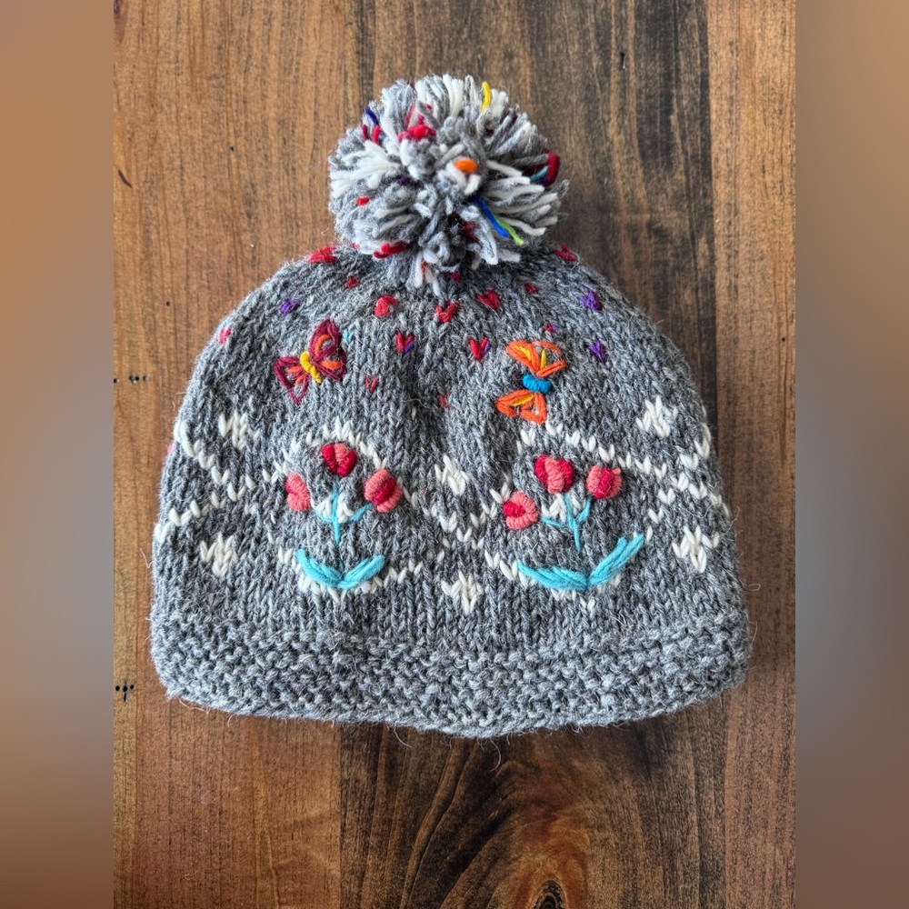 Handmade in Nepal Flower Butterfly Embroidery  Beanie 100% Wool with soft Liner